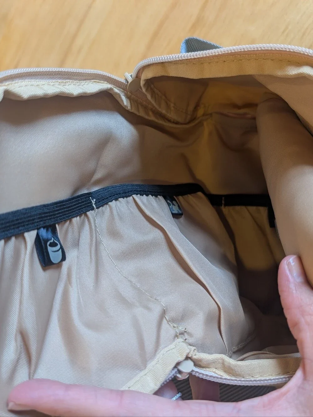 Packapod Brown Pinstripe Backpack with Cream Accessory Pouches
